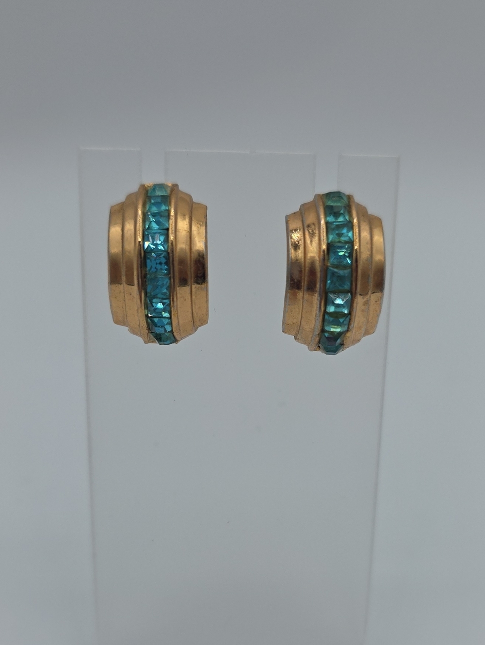 Coro Gold-Tone Earrings with Teal Blue Crystal Row